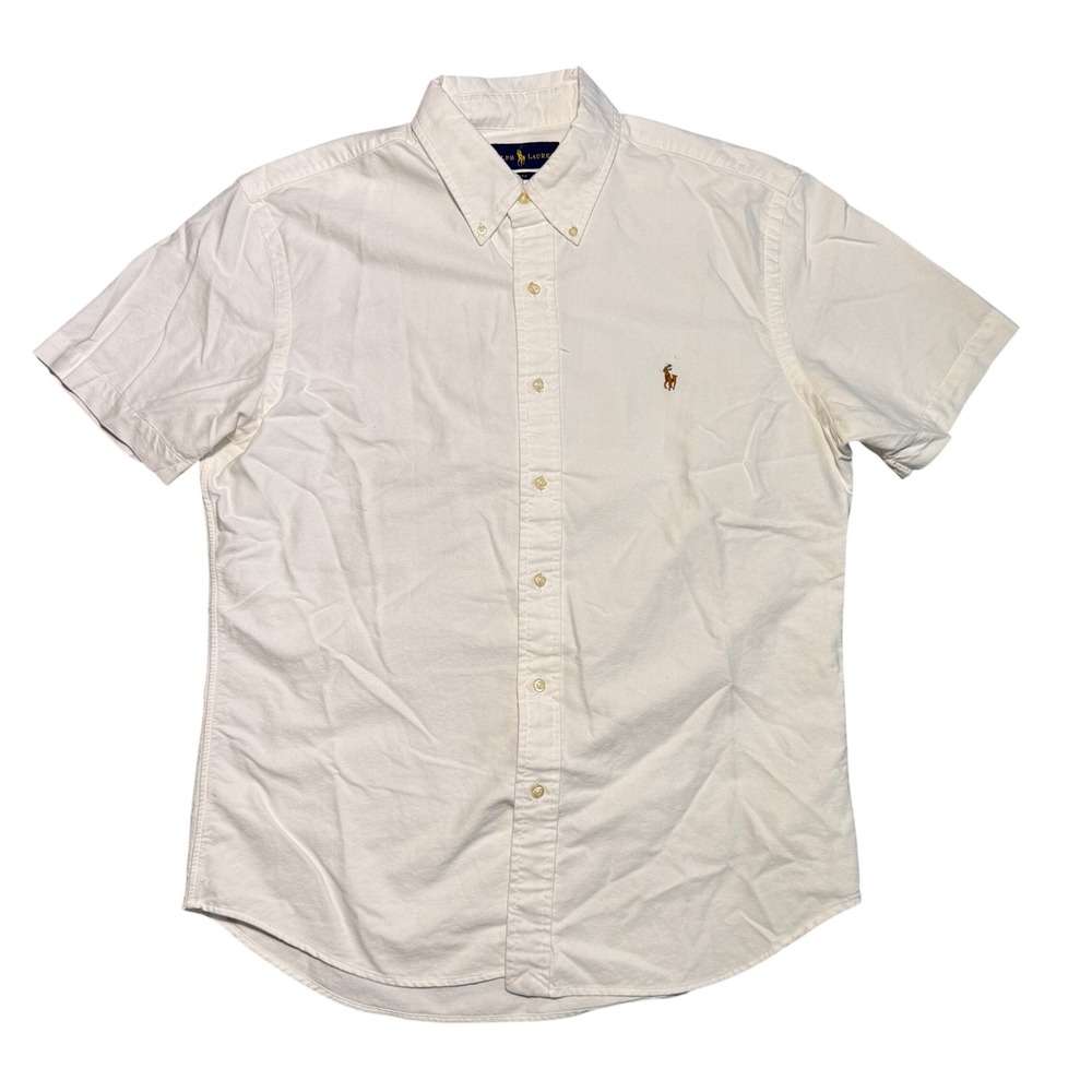 Ralph Lauren Mens Slim Fit Short Sleeve Oxford Button Down Shirt White Large